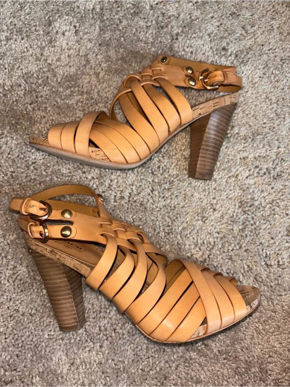 Coach Tan Leather Woven Strappy Cork Platform Block Heels Sandals Studded 8B